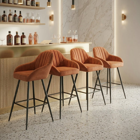 PRITI Set of 4 Velvet Kitchen Bar Stools with Backrest, Orange Upholstered Counter Height Stools with Metal Legs