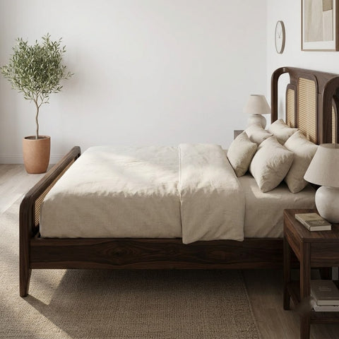 PRITI Sheesham King Bed with Decorative Woven Headboard