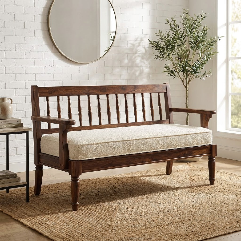 PRITI Sheesham Wood 2 Seater Bench with Crème Boucle Fabric in Dark Walnut Finish