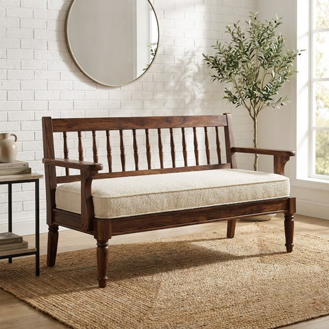 PRITI Sheesham Wood 2 Seater Bench with Crème Boucle Fabric in Dark Walnut Finish