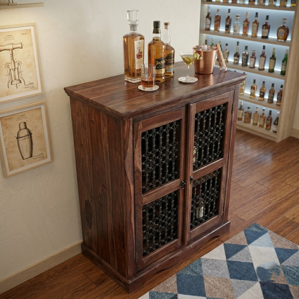 PRITI Sheesham Wood Bar Cabinet | Solid Wood Home Bar Storage