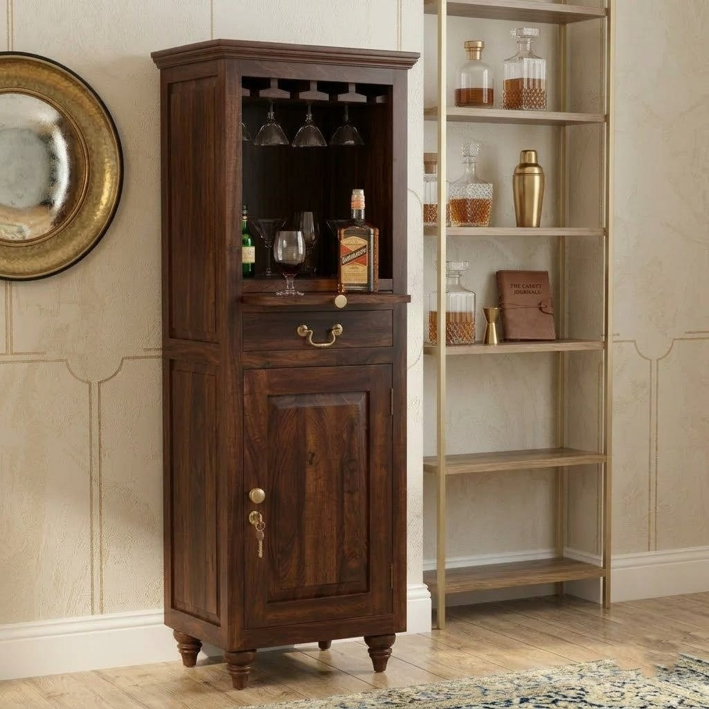 PRITI Sheesham Wood Bar Cabinet | Solid Wood Home Bar Storage Unit