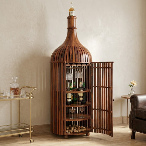 PRITI Sheesham Wood Bar Cabinet with Glass Holder – Maple Finish 