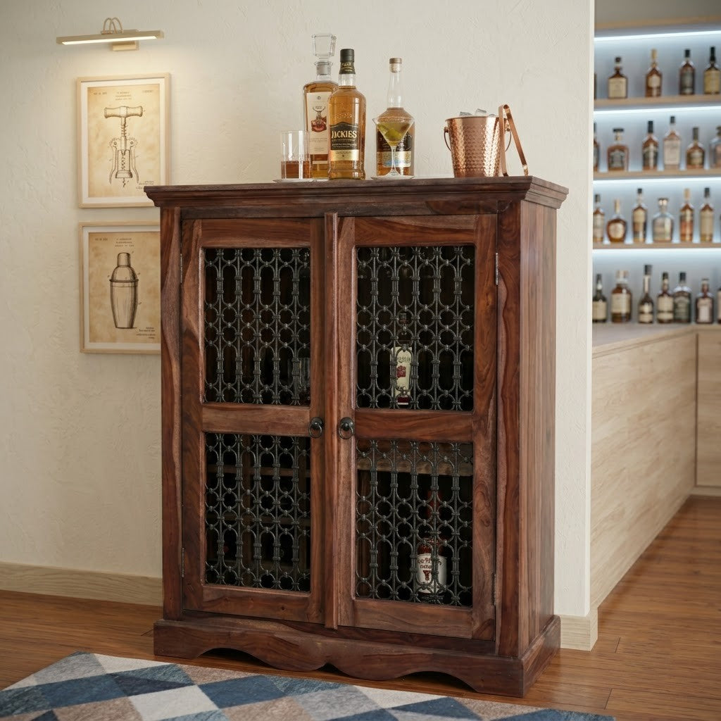 PRITI Sheesham Wood Bar Unit | Wine, Liquor & Glassware Storage Cabinet