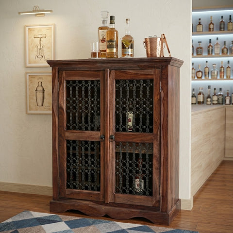 PRITI Sheesham Wood Bar Unit | Wine, Liquor & Glassware Storage Cabinet
