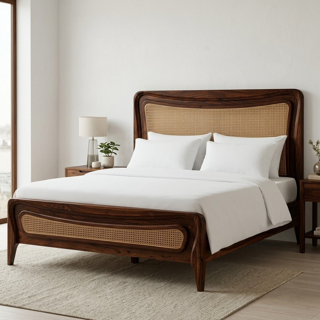 PRITI Sheesham Wood Bed with Artisan Cane Detail