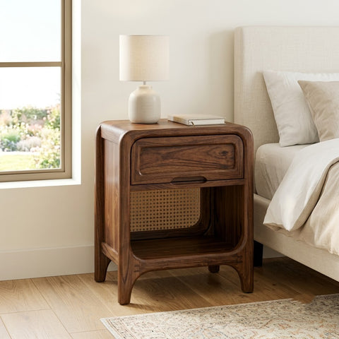 PRITI Sheesham Wood Bedside Table with Drawer and Open Storage