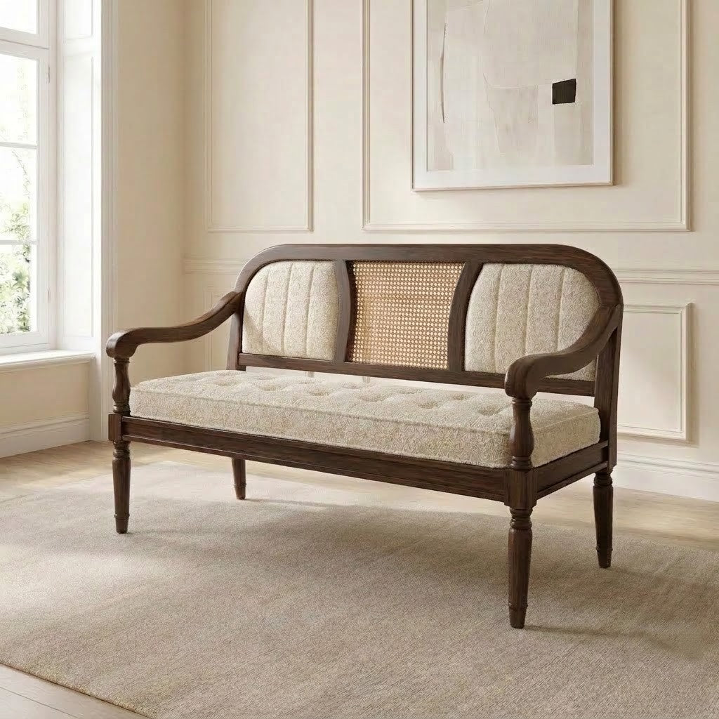 PRITI Sheesham Wood Bench with Cane Back and Crème Boucle Fabric in Dark Walnut Finish