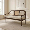 PRITI Sheesham Wood Bench with Cane Back and Crème Boucle Fabric in Dark Walnut Finish