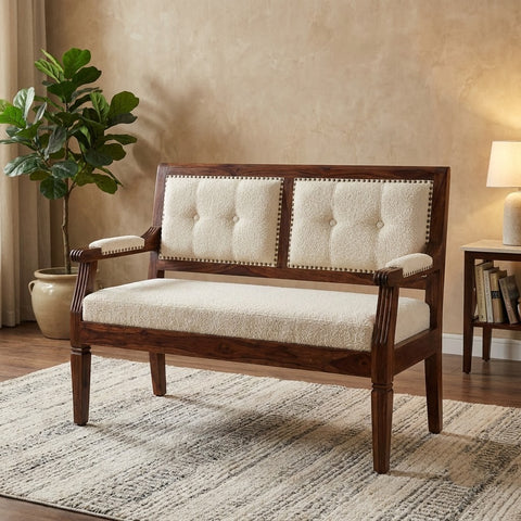 PRITI Sheesham Wood Bench with Crème Boucle Fabric in Dark Walnut Finish
