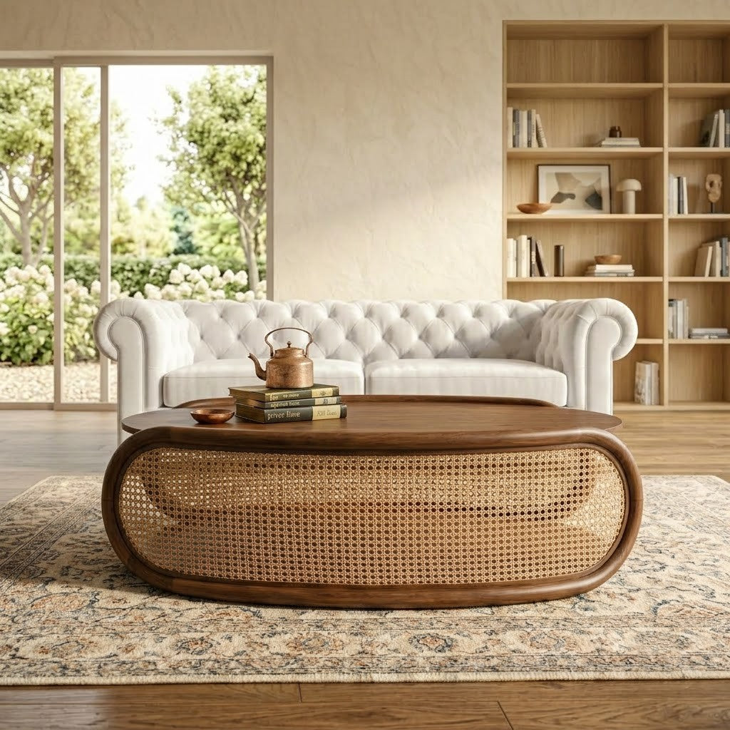 PRITI Sheesham Wood Center Table with Cane Rattan Side Panels
