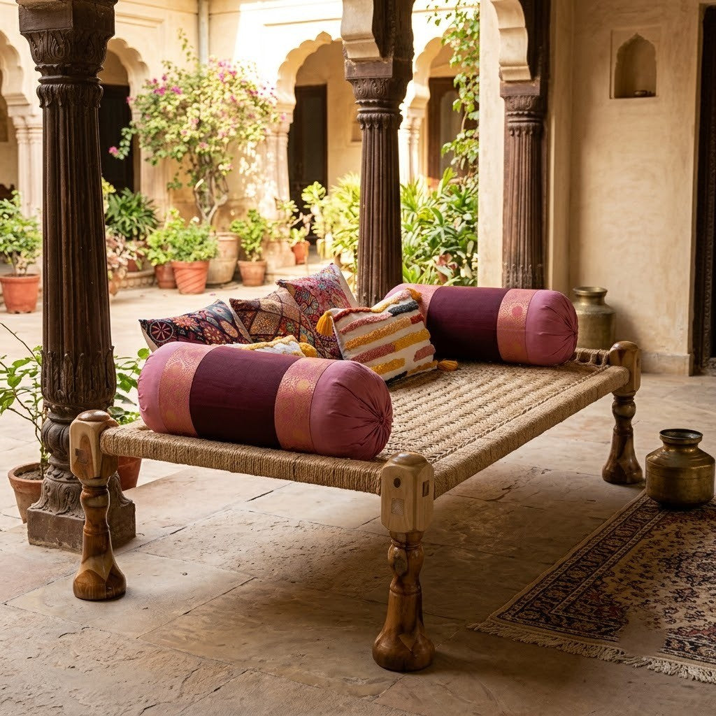 PRITI Sheesham Wood Charpai Bed with Natural Jute & Chindi Rope Weave