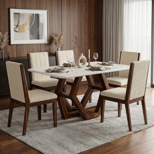 PRITI Sheesham Wood Dining Table with Ceramic Marble Top