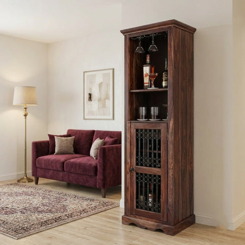 PRITI Sheesham Wood Drinks Cabinet | Tall Home Bar Storage Unit
