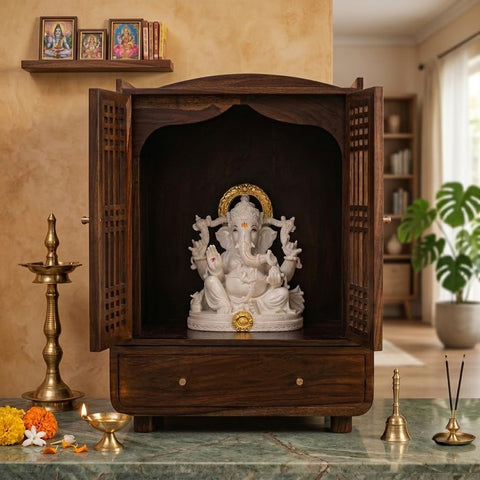 PRITI Sheesham Wood Home Temple with Slatted Doors & Drawer Storage