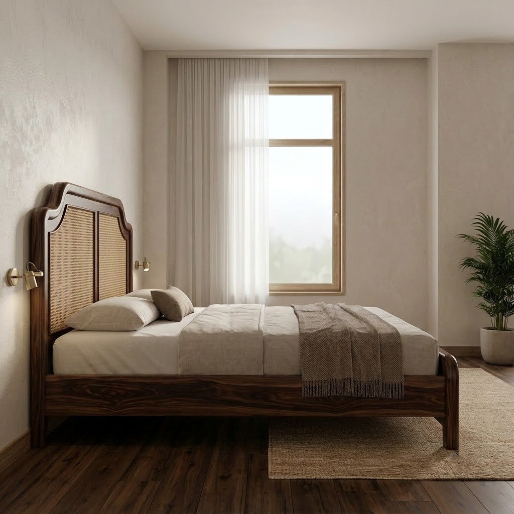 PRITI Sheesham Wood King Bed with Woven Cane Design