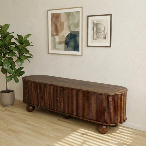 PRITI Sheesham Wood Media Console – Curved Ends, Ribbed Front Detail