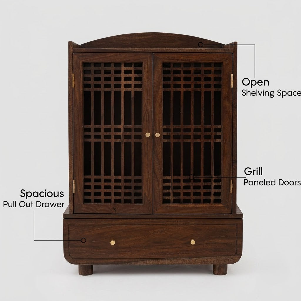 PRITI Sheesham Wood Pooja Temple for Home with Slatted Door Design