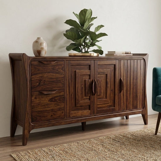 PRITI Sheesham Wood Sideboard with Drawers, Doors & Fluted Panel