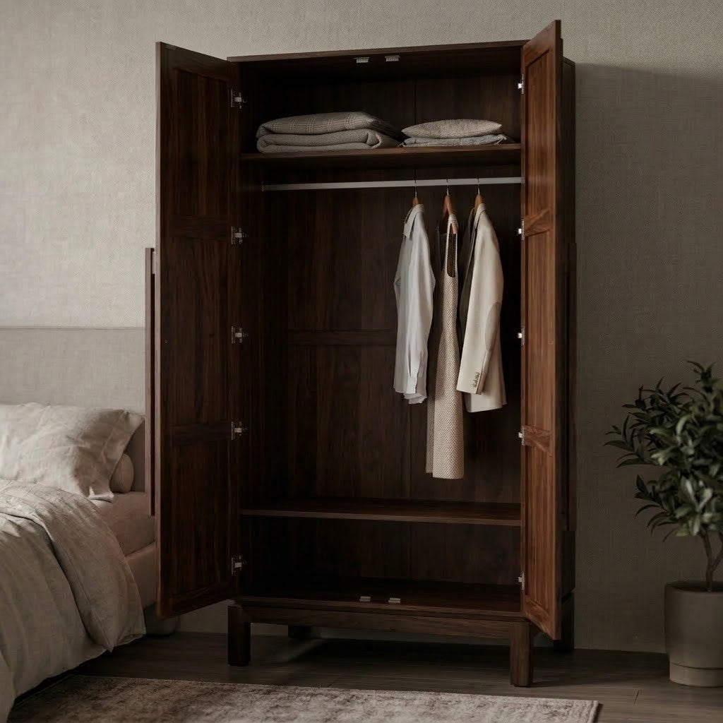 PRITI Sheesham Wood Wardrobe for Clothes – Dark Walnut