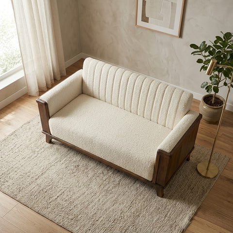 PRITI Sheesham wood 2 seater sofa in beige crème boucle fabric