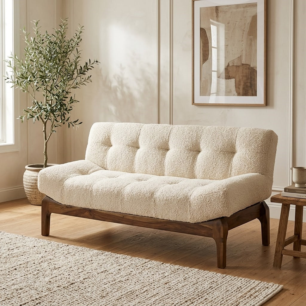 PRITI Sheesham wood 2 seater sofa in crème boucle fabric