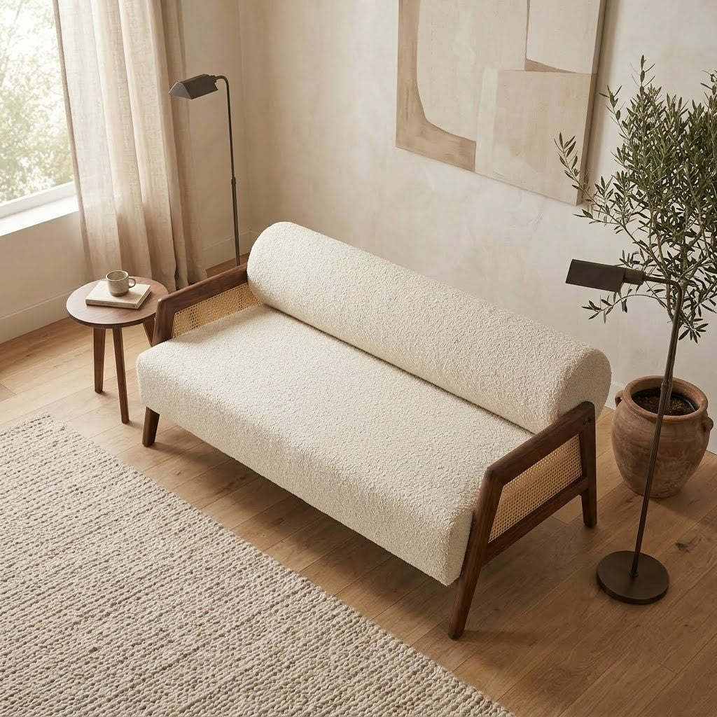 PRITI Sheesham wood 3 seater sofa in Crème Boucle fabric for living room