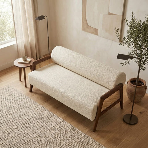 PRITI Sheesham wood 3 seater sofa in Crème Boucle fabric for living room