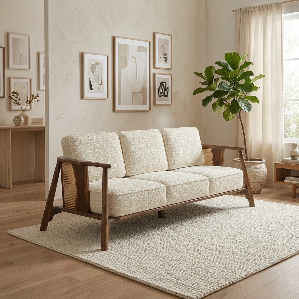 PRITI Sheesham wood 3 seater sofa in brown with crème bouclé fabric