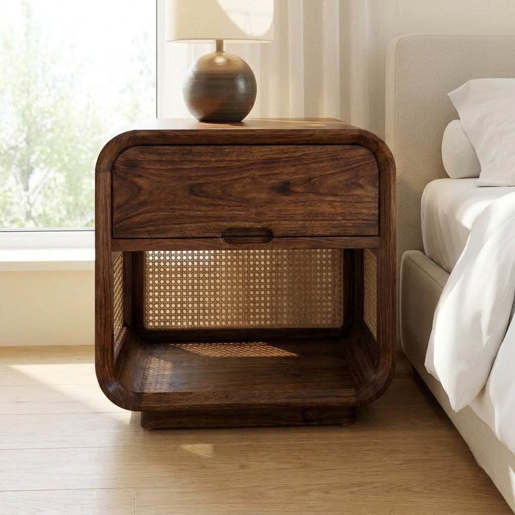 PRITI Sheesham wood bedside cabinet with cane detailing