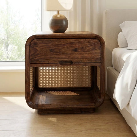 PRITI Sheesham wood bedside cabinet with cane detailing