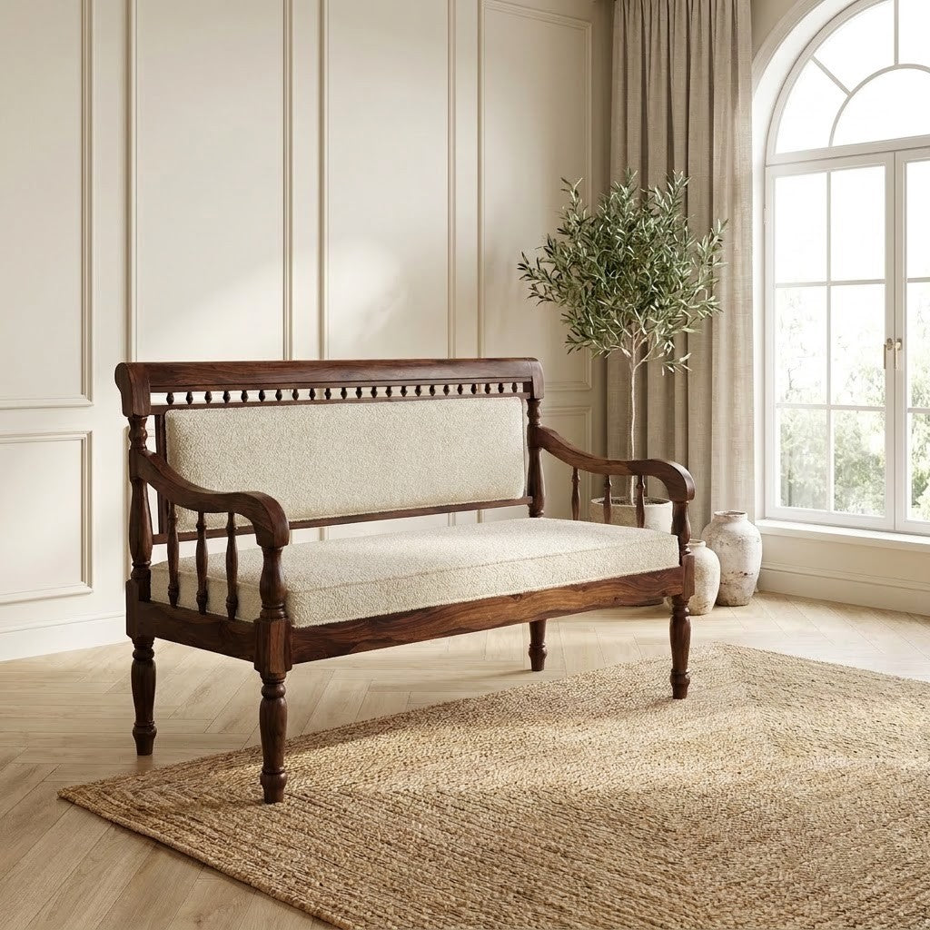 PRITI Sheesham wood bench with honey finish and crème bouclé fabric upholstery