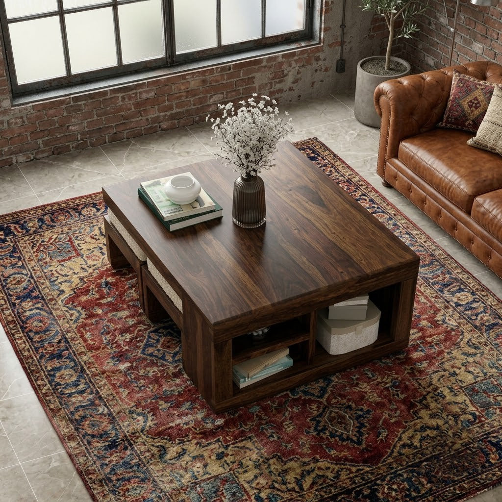PRITI Sheesham wood center table with storage and boucle seating