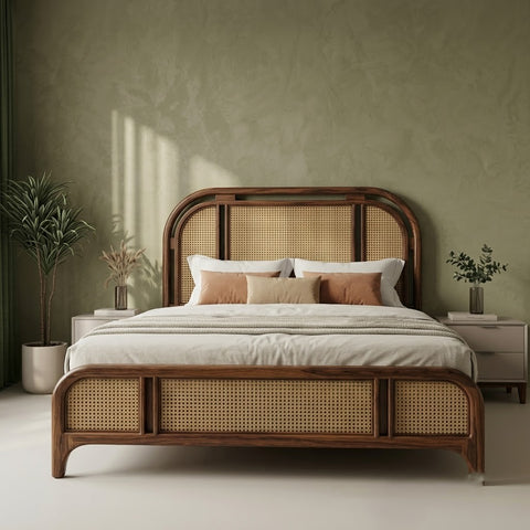 PRITI Sheesham wood king bed with woven cane headboard