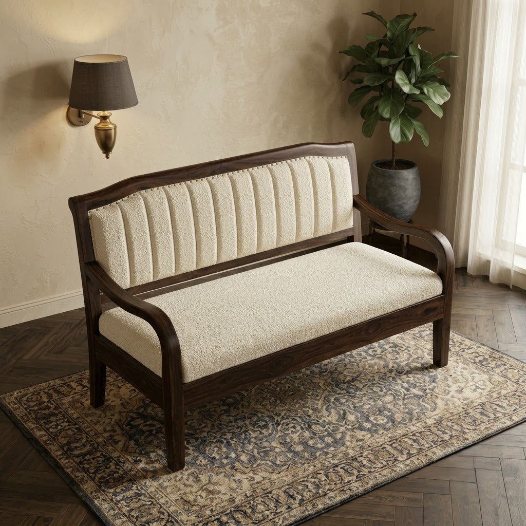 PRITI Sheesham wooden bench with crème boucle cushioned seat