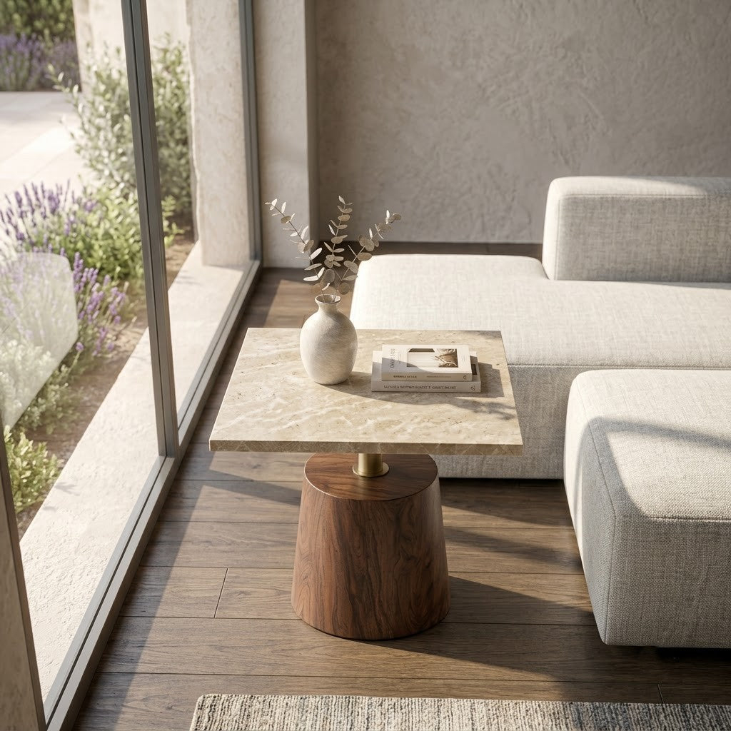 PRITI Side Table – Breccia Brown Marble, Brass Rod, Walnut Base