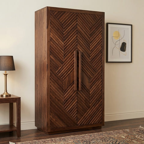 PRITI Slatted Door Sheesham Wardrobe – Dark Walnut