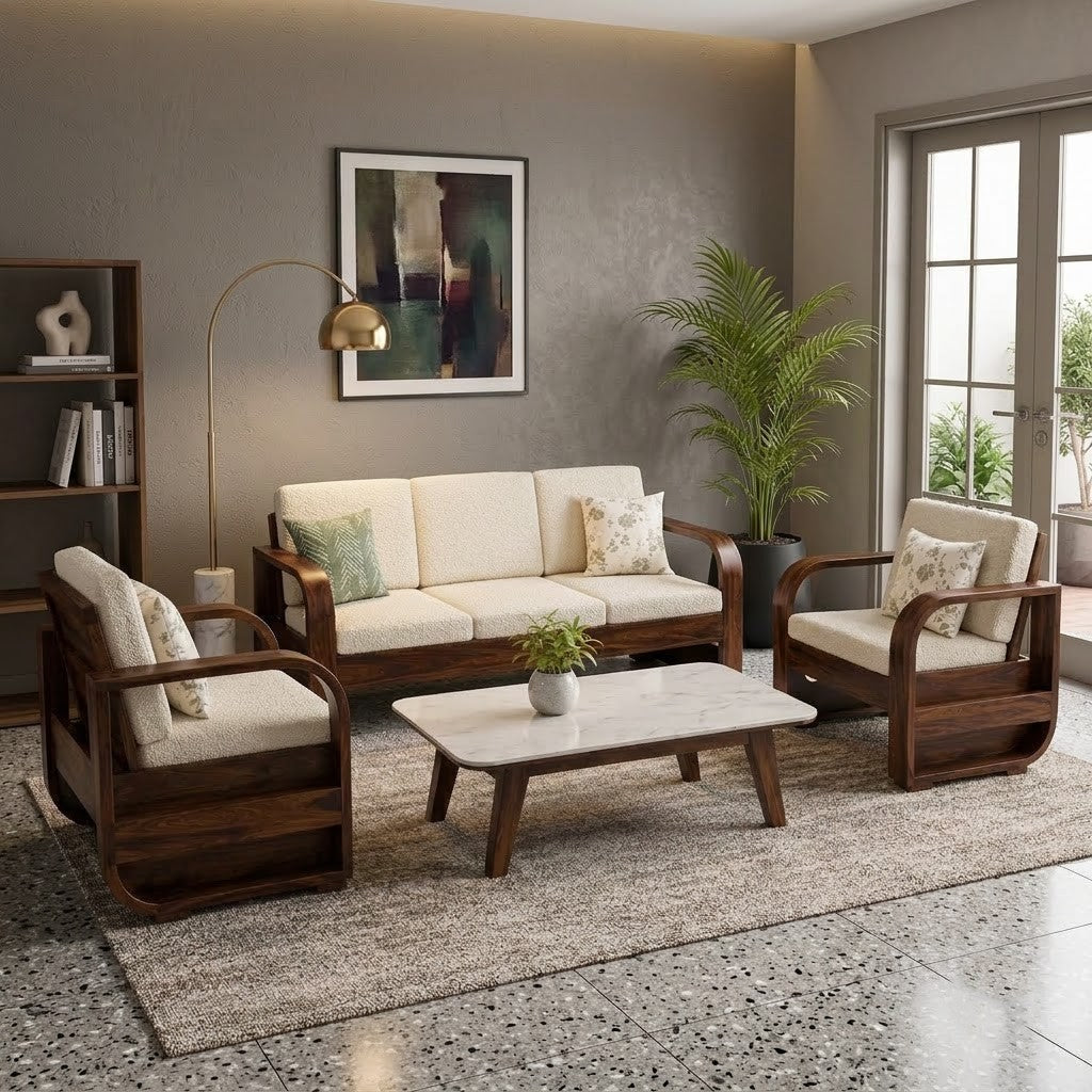 PRITI Sofa Set Solid sheesham wood 5 seater sofa set with round arm design