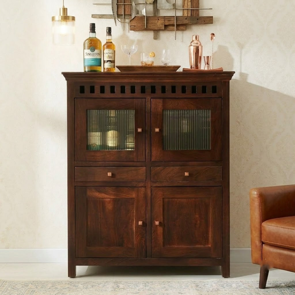 PRITI Solid Mango Wood Bar Cabinet with Glass Doors 
