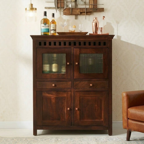 PRITI Solid Mango Wood Bar Cabinet with Glass Doors 