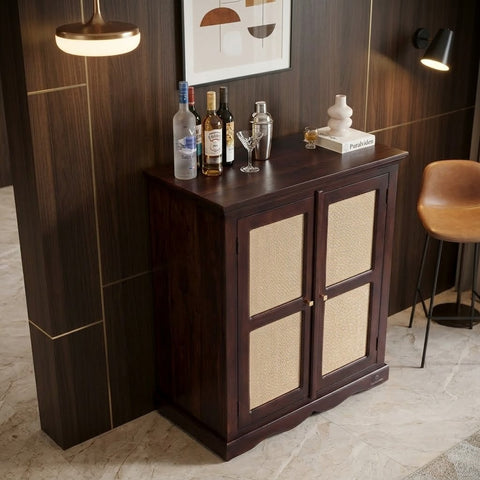 PRITI Solid Mango Wood Bar Cabinet with Rattan Detailing