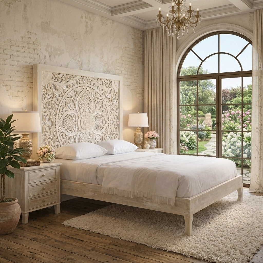 PRITI Solid Mango Wood Bed with Exquisite Floral Hand-Carved Design