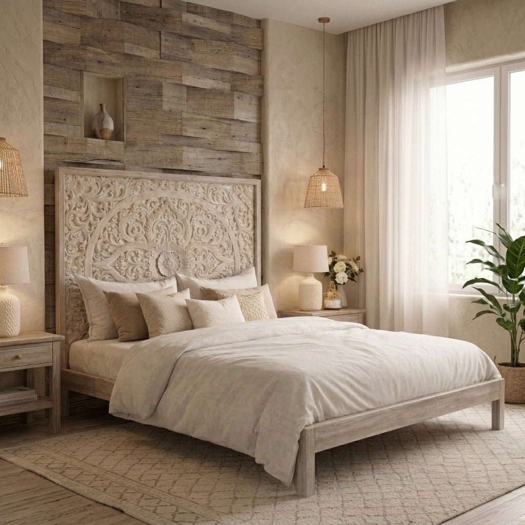PRITI Solid Mango Wood Bed with Floral Hand-Carved Headboard – Wooden Slice
