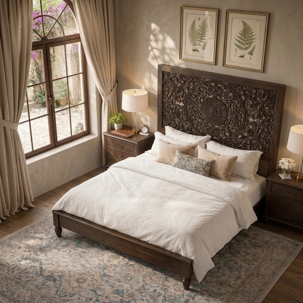 PRITI Solid Mango Wood Bed with Intricately Carved Floral Headboard
