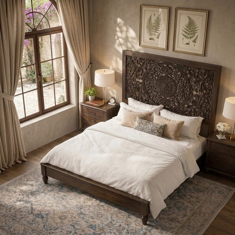 PRITI Solid Mango Wood Bed with Intricately Carved Floral Headboard
