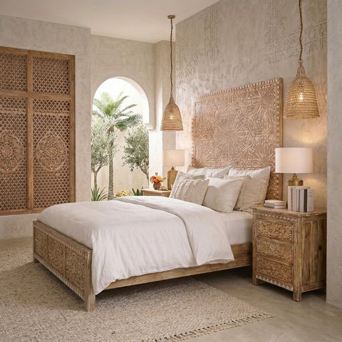 PRITI Solid Mango Wood Bedroom Bed with Ornate Floral Hand Carving