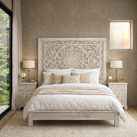 PRITI Solid Mango Wood Bedroom Bed with White Distressed Finish