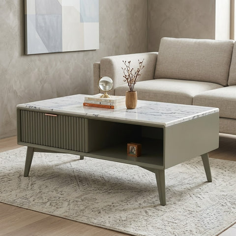 PRITI Solid Mango Wood Coffee Table with Banswara White Marble Top & Storage Drawer