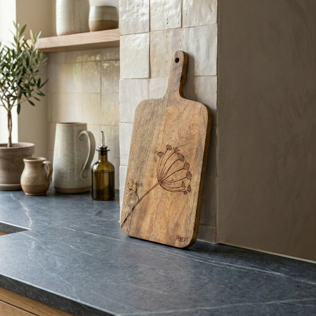 PRITI Solid Mango Wood Kitchen Chopping Board with Decorative Laser Etching