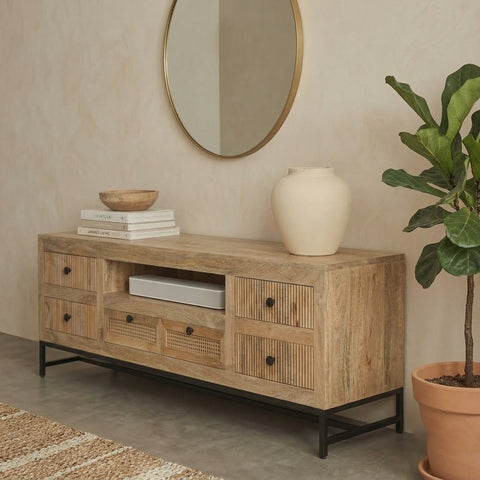 PRITI Solid Mango Wood TV Unit with Fluted Drawers & Black Metal Bas